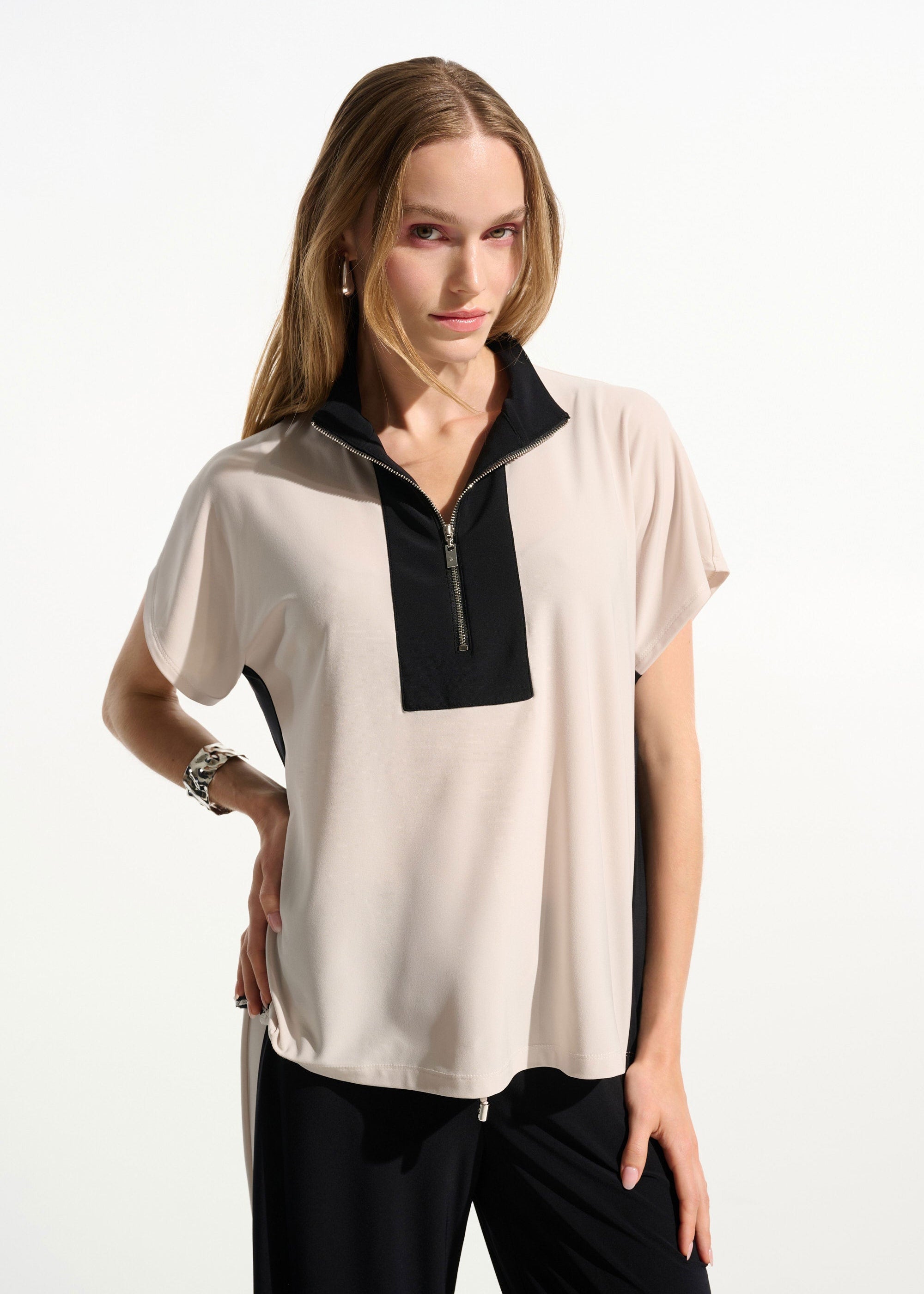 Joseph Ribkoff Sport Silky Knit Colour Block Top with Zip Neck in