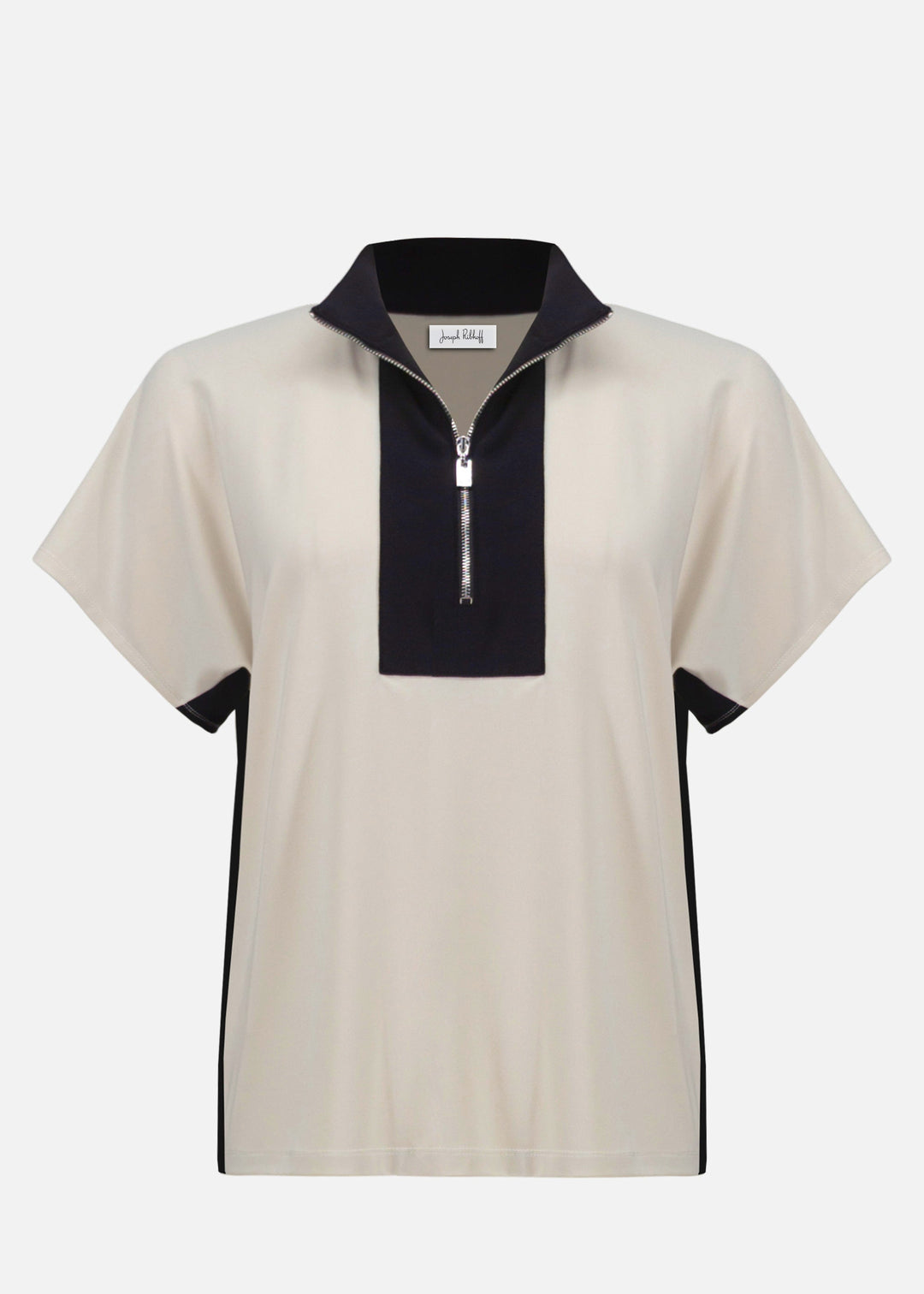 front view of plus size Joseph Ribkoff silky Knit Colour Block S/S Top with Zip Neck in Moonstone Black