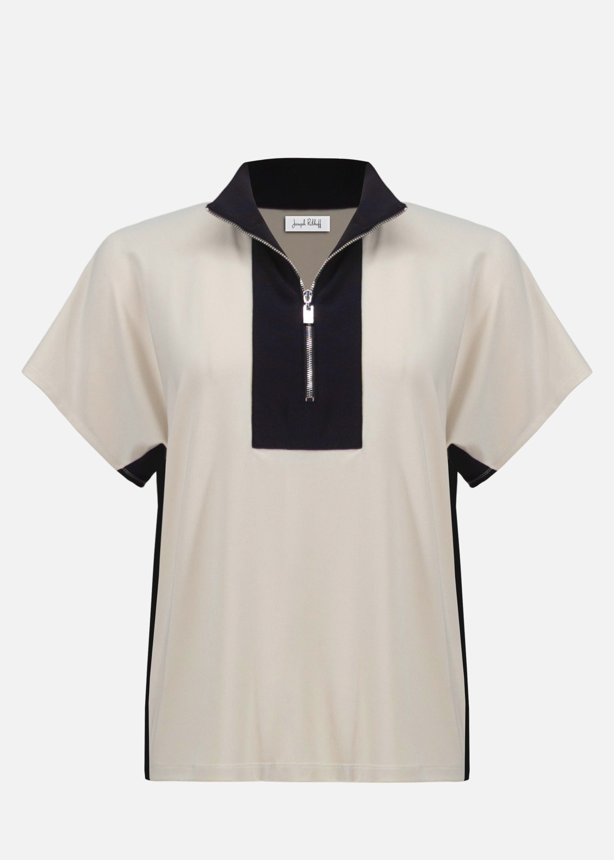 front view of plus size Joseph Ribkoff silky Knit Colour Block S/S Top with Zip Neck in Moonstone Black