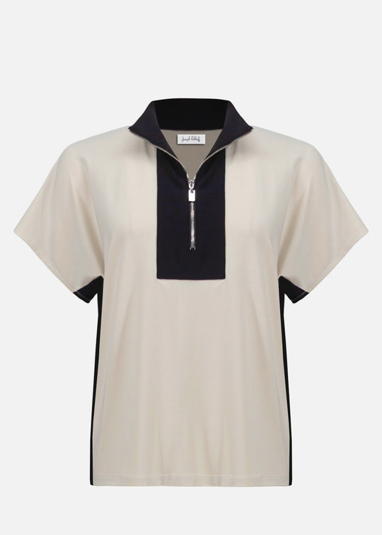 front view of plus size Joseph Ribkoff silky Knit Colour Block S/S Top with Zip Neck in Moonstone Black