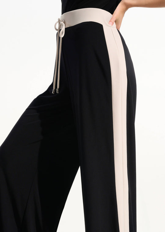 side view of plus size Joseph Ribkoff Silky Knit colour Block Pull On Pant with Drawstring in Black Moonstone