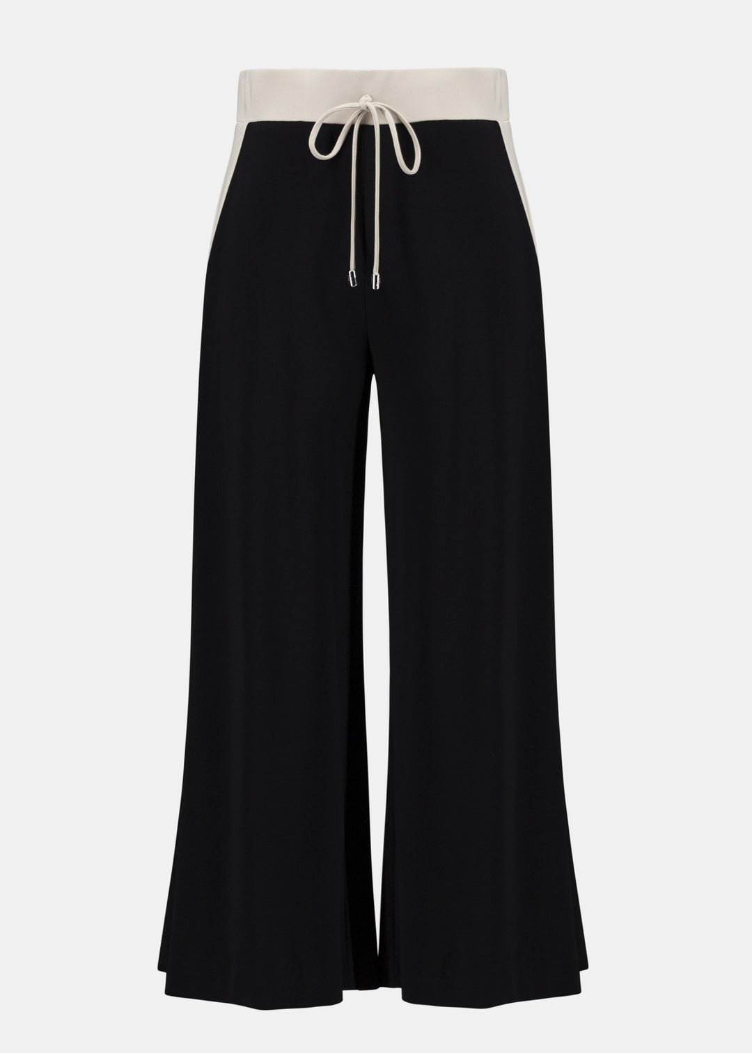 front view of plus size Joseph Ribkoff Silky Knit colour Block Pull On Pant with Drawstring in Black Moonstone