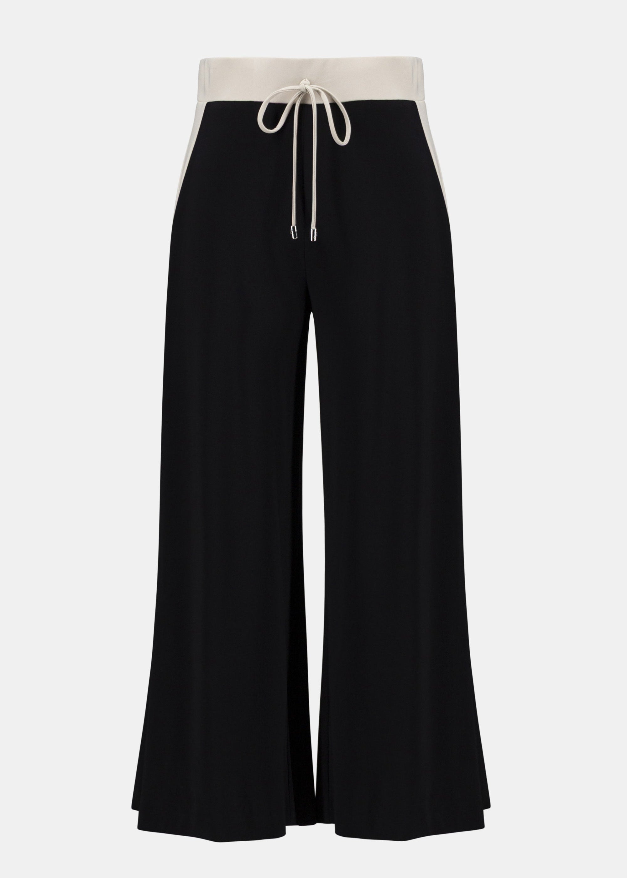 front view of plus size Joseph Ribkoff Silky Knit colour Block Pull On Pant with Drawstring in Black Moonstone