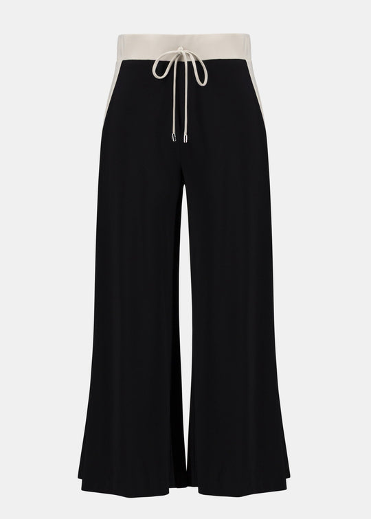 front view of plus size Joseph Ribkoff Silky Knit colour Block Pull On Pant with Drawstring in Black Moonstone