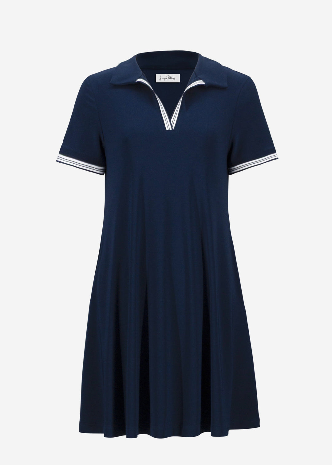 front view of plus size Joseph Ribkoff Silky Knit Trapeze Tennis Dress with Polo Collar in Indigo