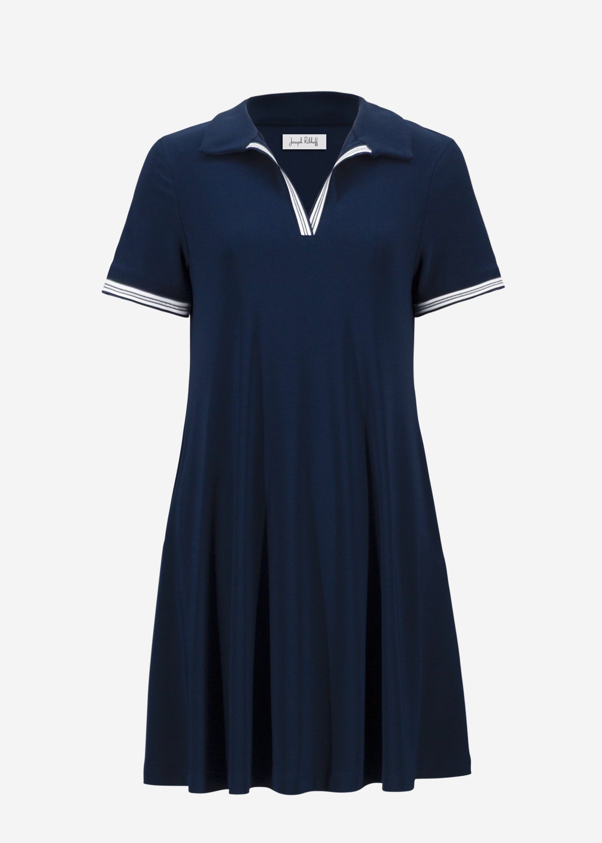 front view of plus size Joseph Ribkoff Silky Knit Trapeze Tennis Dress with Polo Collar in Indigo
