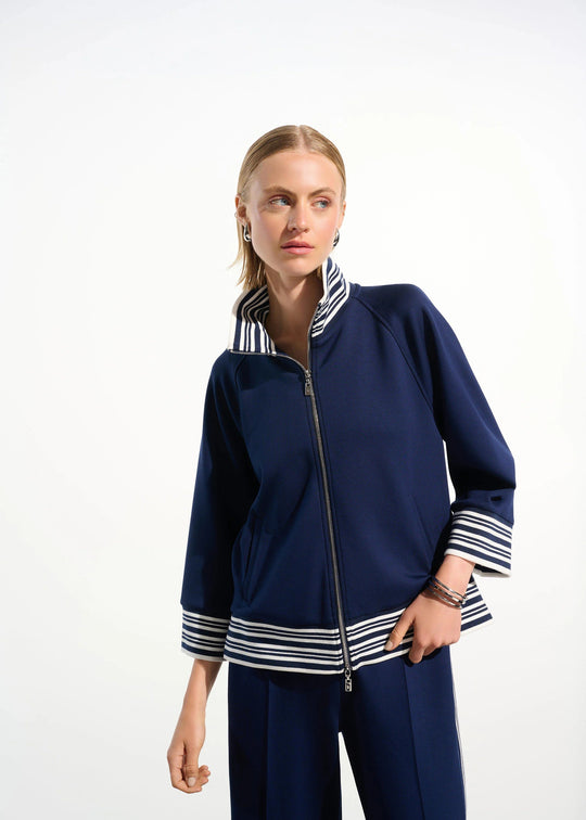 front view of plus size Joseph Ribkoff Scuba Jersey Stripe Trimmed Zip Jacket in Indigo