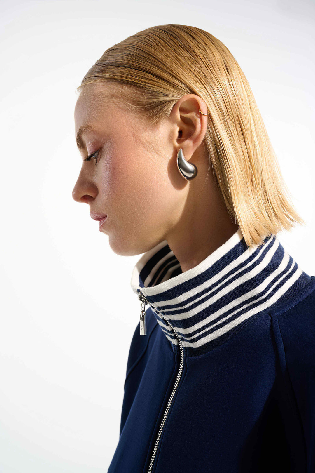 Joseph Ribkoff Sport Scuba Jersey Stripe Trimmed Zip Jacket in Indigo