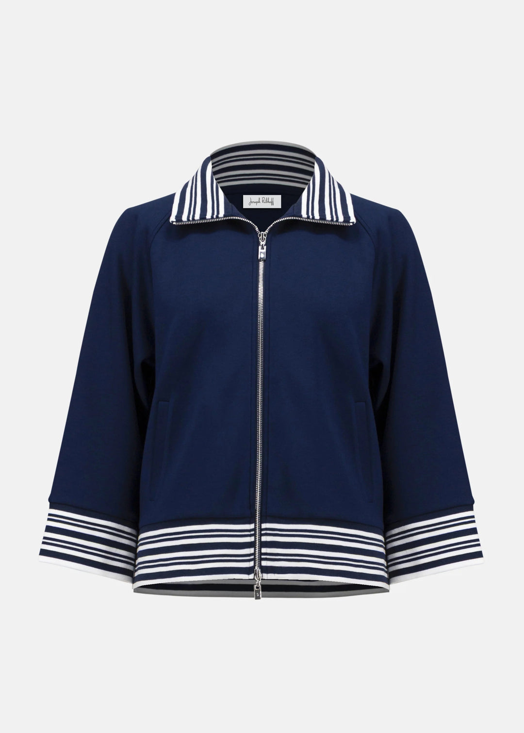 front view of plus size Joseph Ribkoff Scuba Jersey Stripe Trimmed Zip Jacket in Indigo