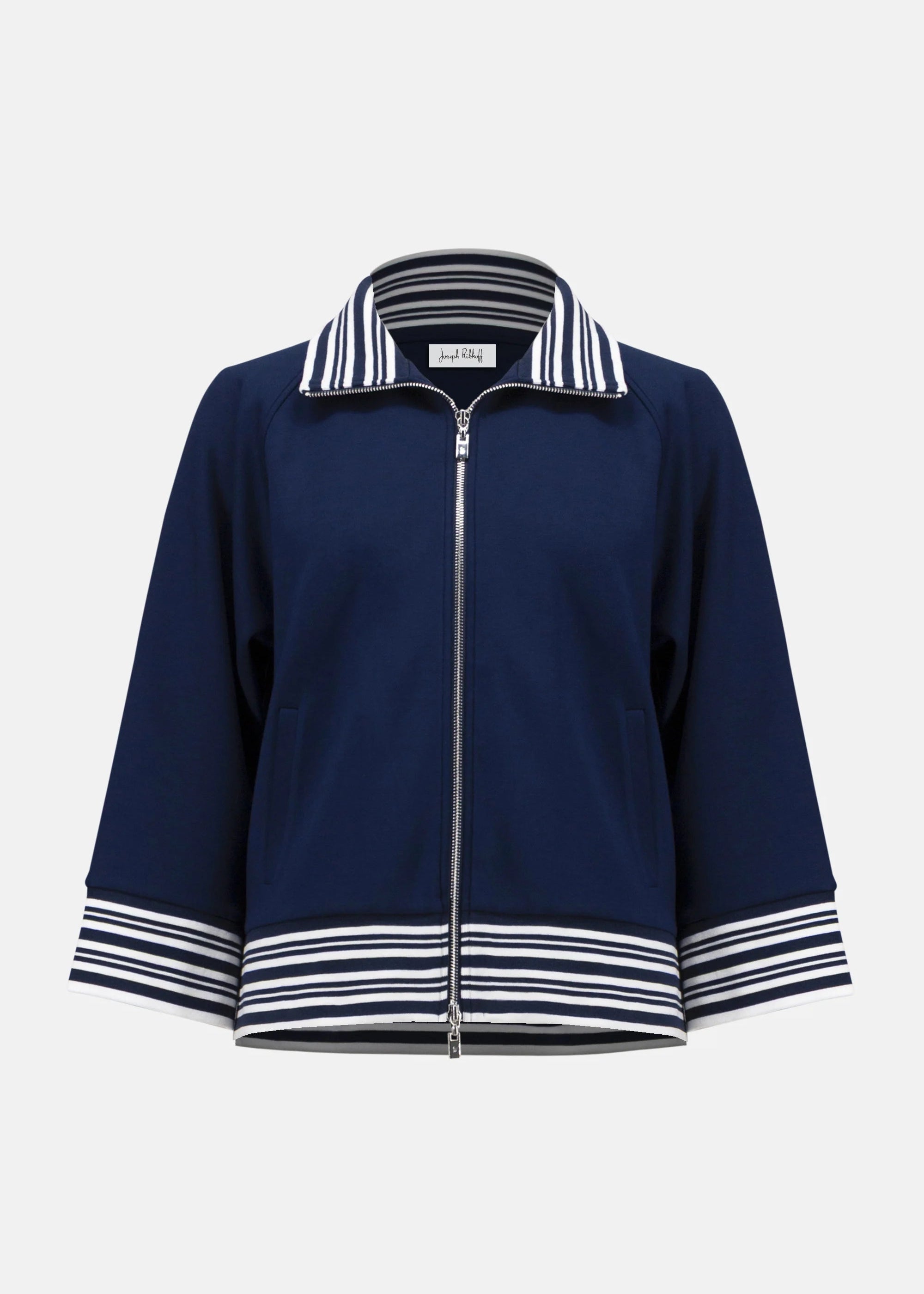 front view of plus size Joseph Ribkoff Scuba Jersey Stripe Trimmed Zip Jacket in Indigo