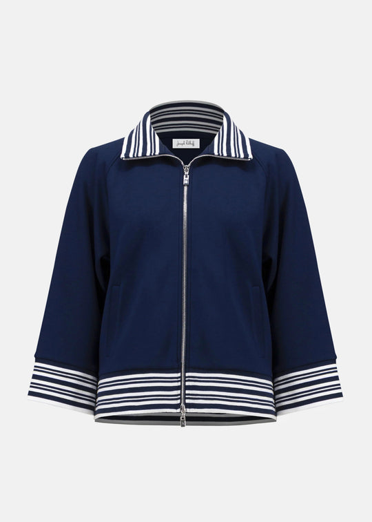 front view of plus size Joseph Ribkoff Scuba Jersey Stripe Trimmed Zip Jacket in Indigo