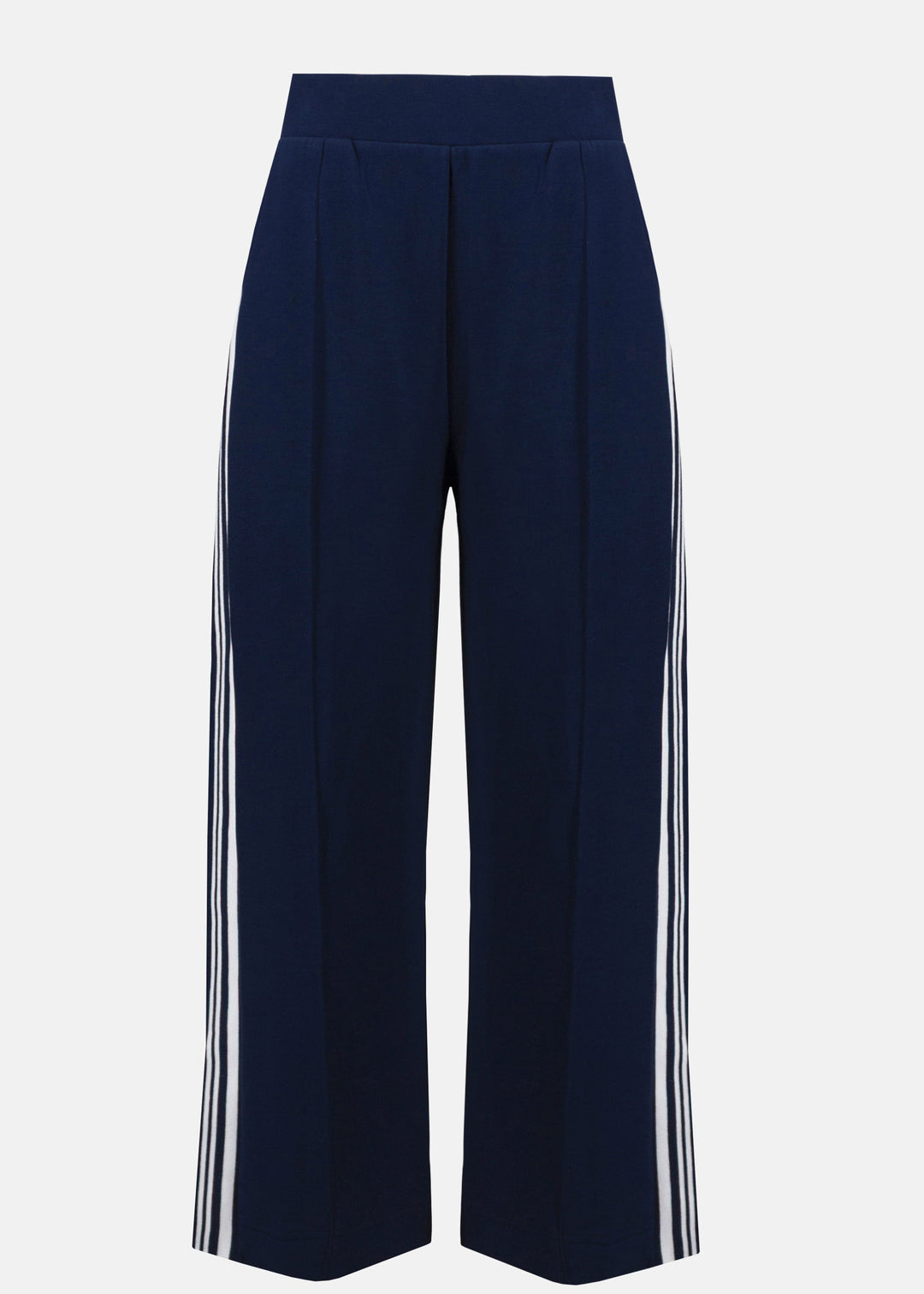 front view of plus size Joseph Ribkoff Scuba Jersey Culotte Pant with Side Stripe in Indigo