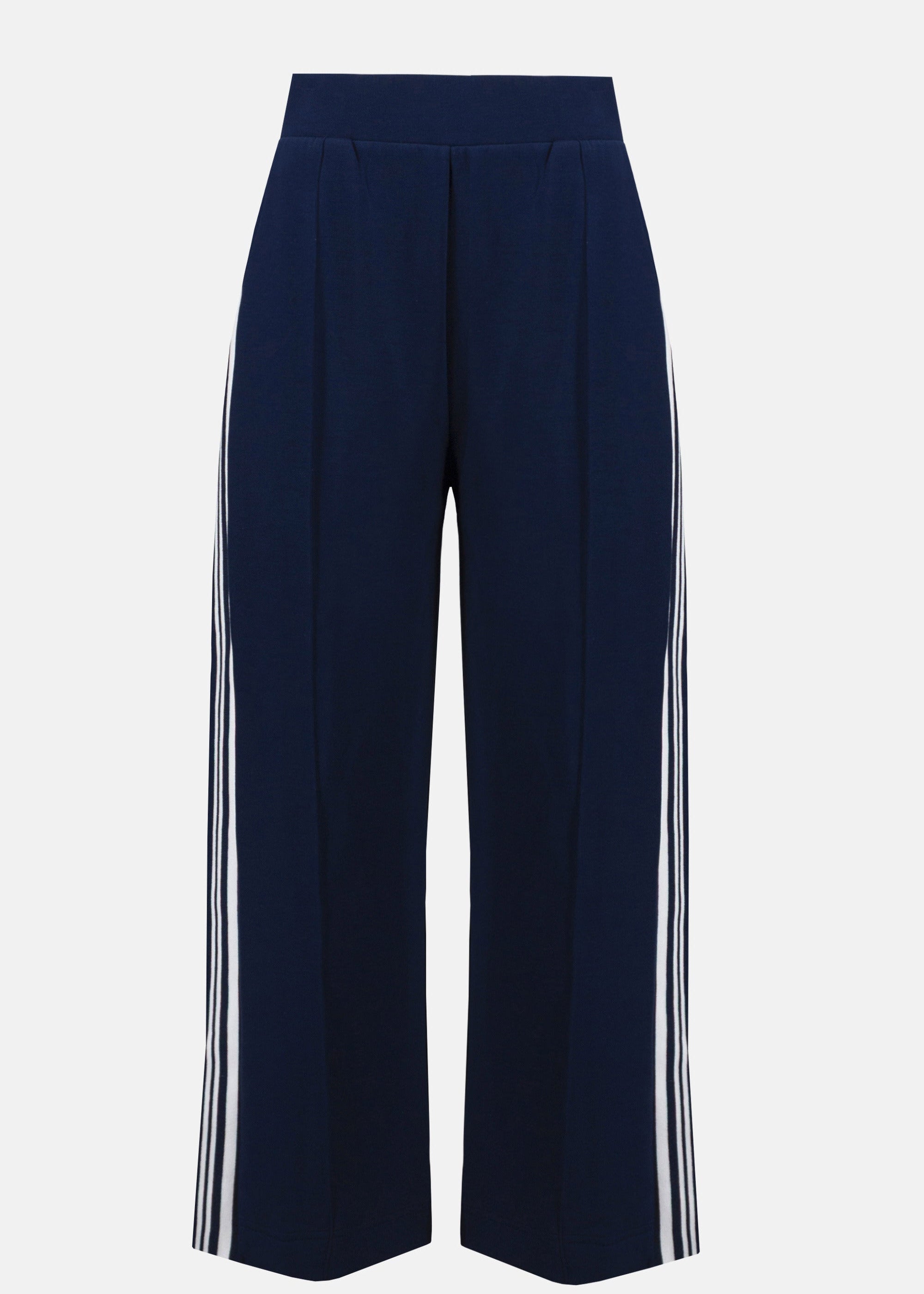 front view of plus size Joseph Ribkoff Scuba Jersey Culotte Pant with Side Stripe in Indigo