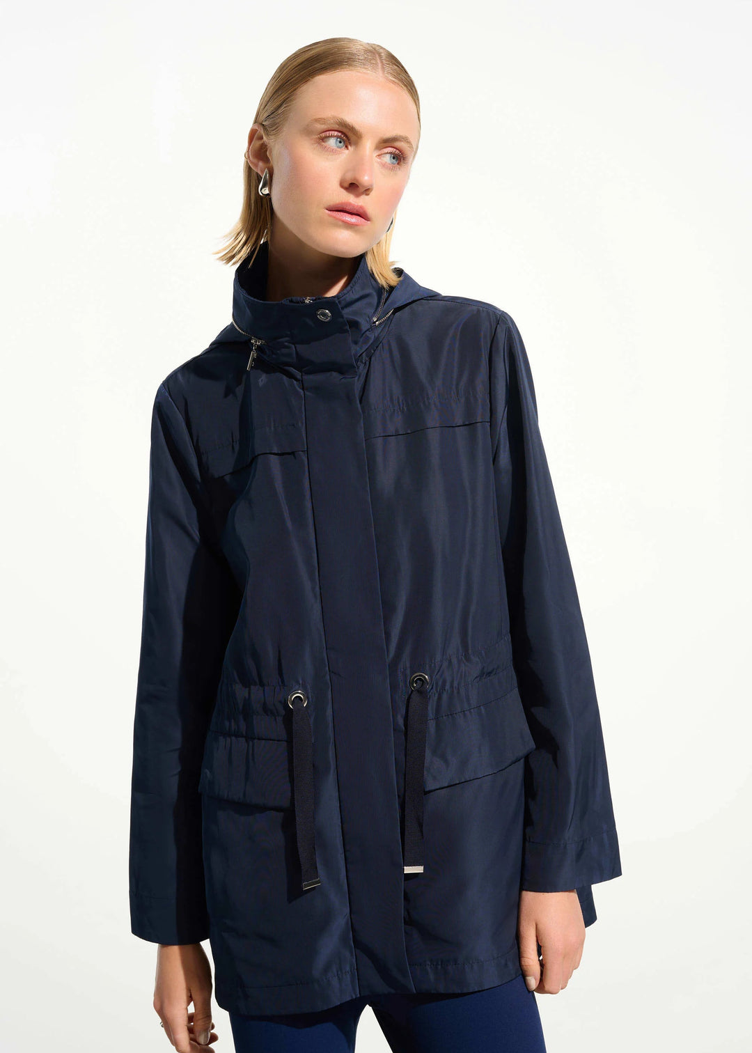 front view of plus size Joseph Ribkoff Memory Taffeta Waterproof Anorak in Indigo