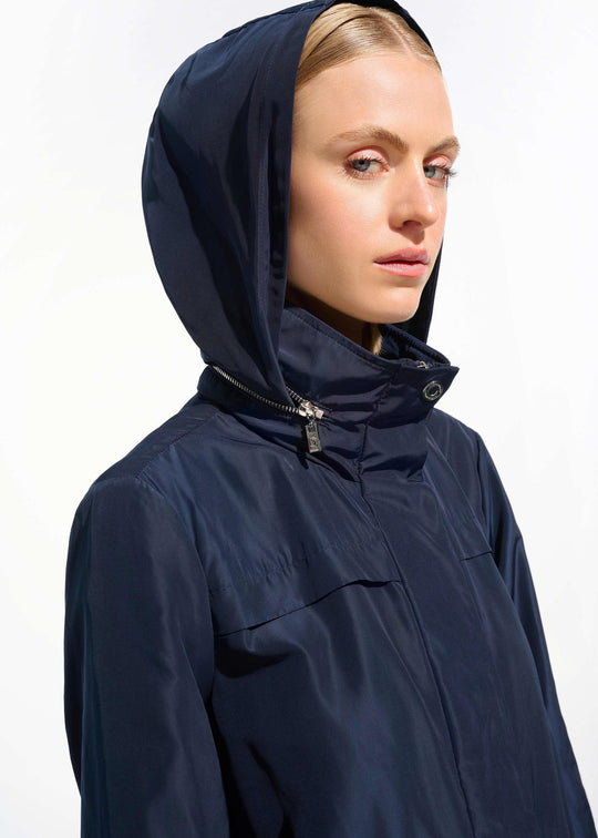 front view of plus size Joseph Ribkoff Memory Taffeta Waterproof Anorak in Indigo
