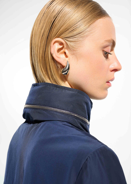 close up view of plus size Joseph Ribkoff Memory Taffeta Waterproof Anorak in Indigo