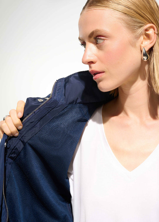 inside front view of plus size Joseph Ribkoff Memory Taffeta Waterproof Anorak in Indigo