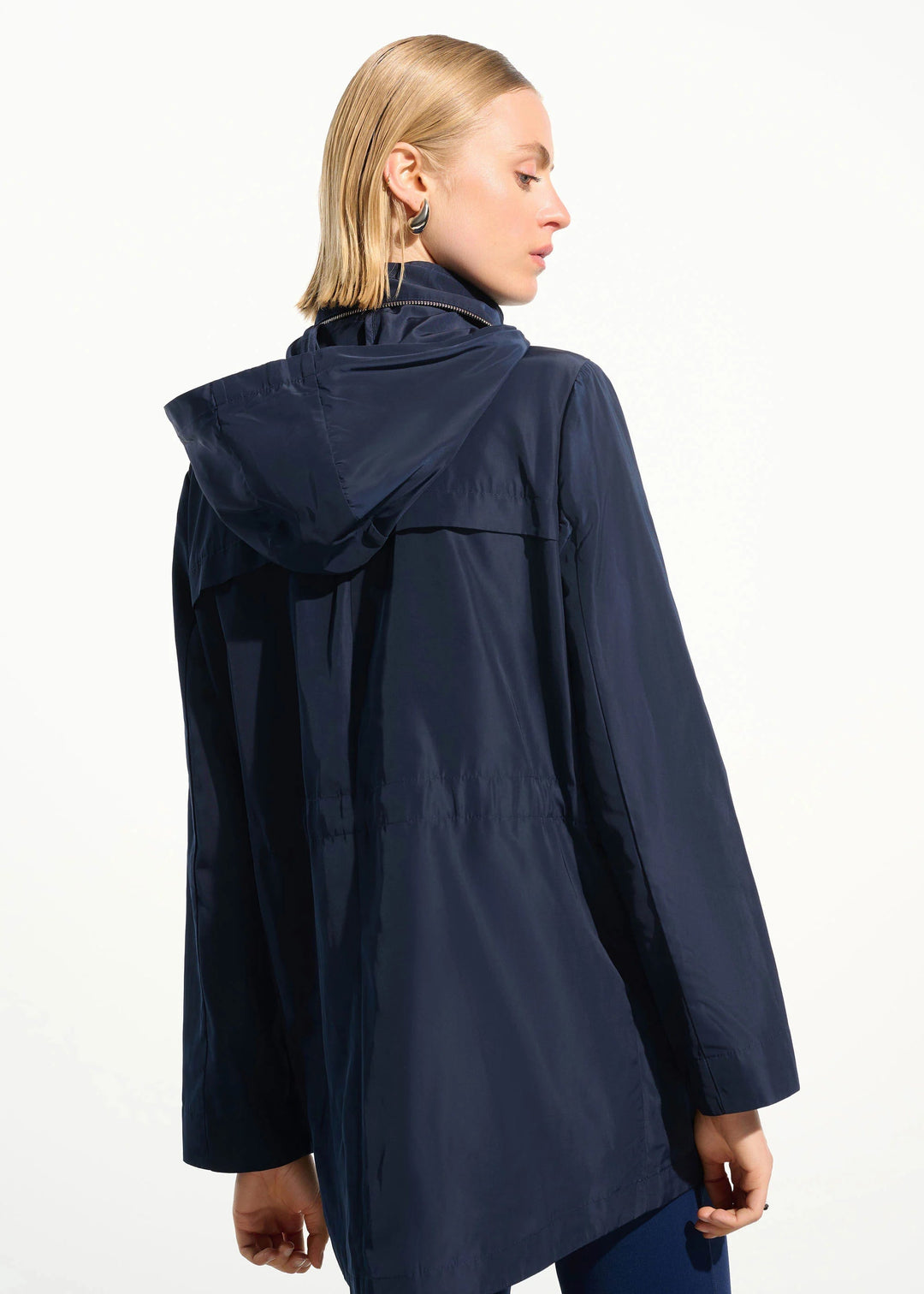 back view of plus size Joseph Ribkoff Memory Taffeta Waterproof Anorak in Indigo