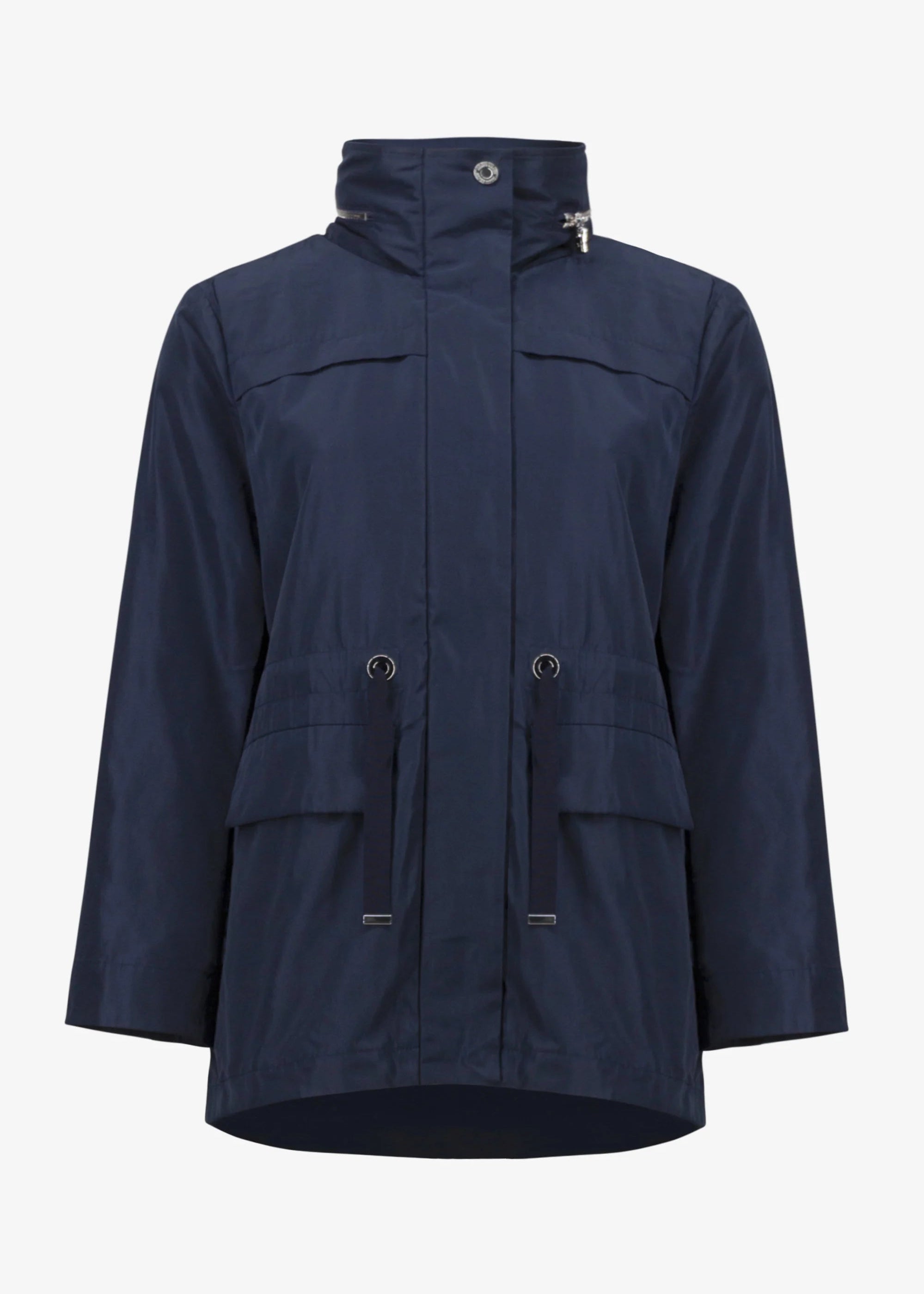 front view of plus size Joseph Ribkoff Memory Taffeta Waterproof Anorak in Indigo