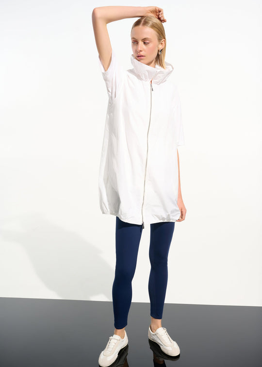 front view of plus size Joseph Ribkoff Zip Front Memory Taffeta Vest with Shirred Collar in White