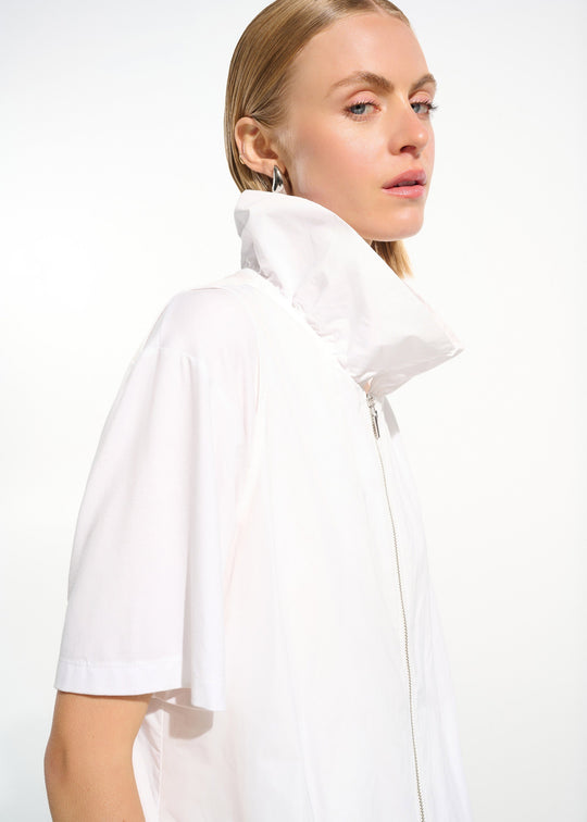 close up front view of plus size Joseph Ribkoff Zip Front Memory Taffeta Vest with Shirred Collar in White