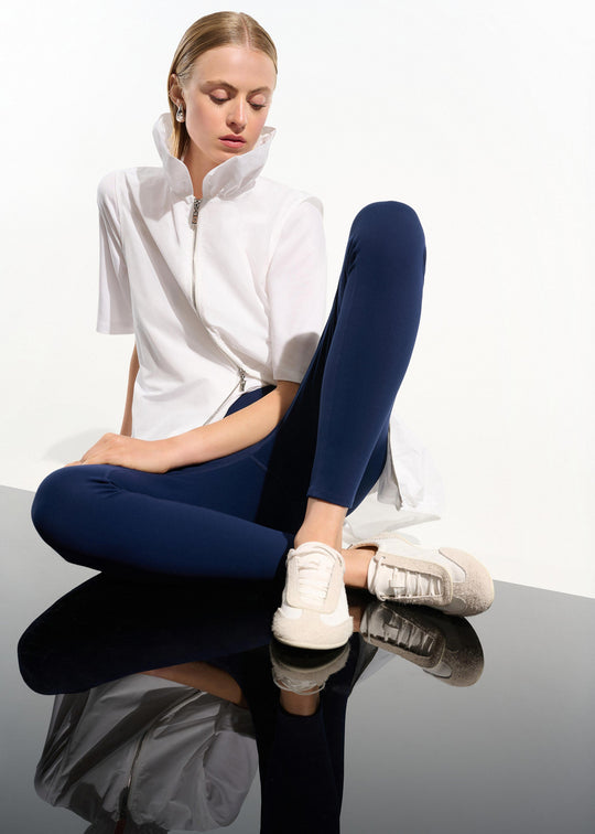 front view of plus size Joseph Ribkoff Zip Front Memory Taffeta Vest with Shirred Collar in White