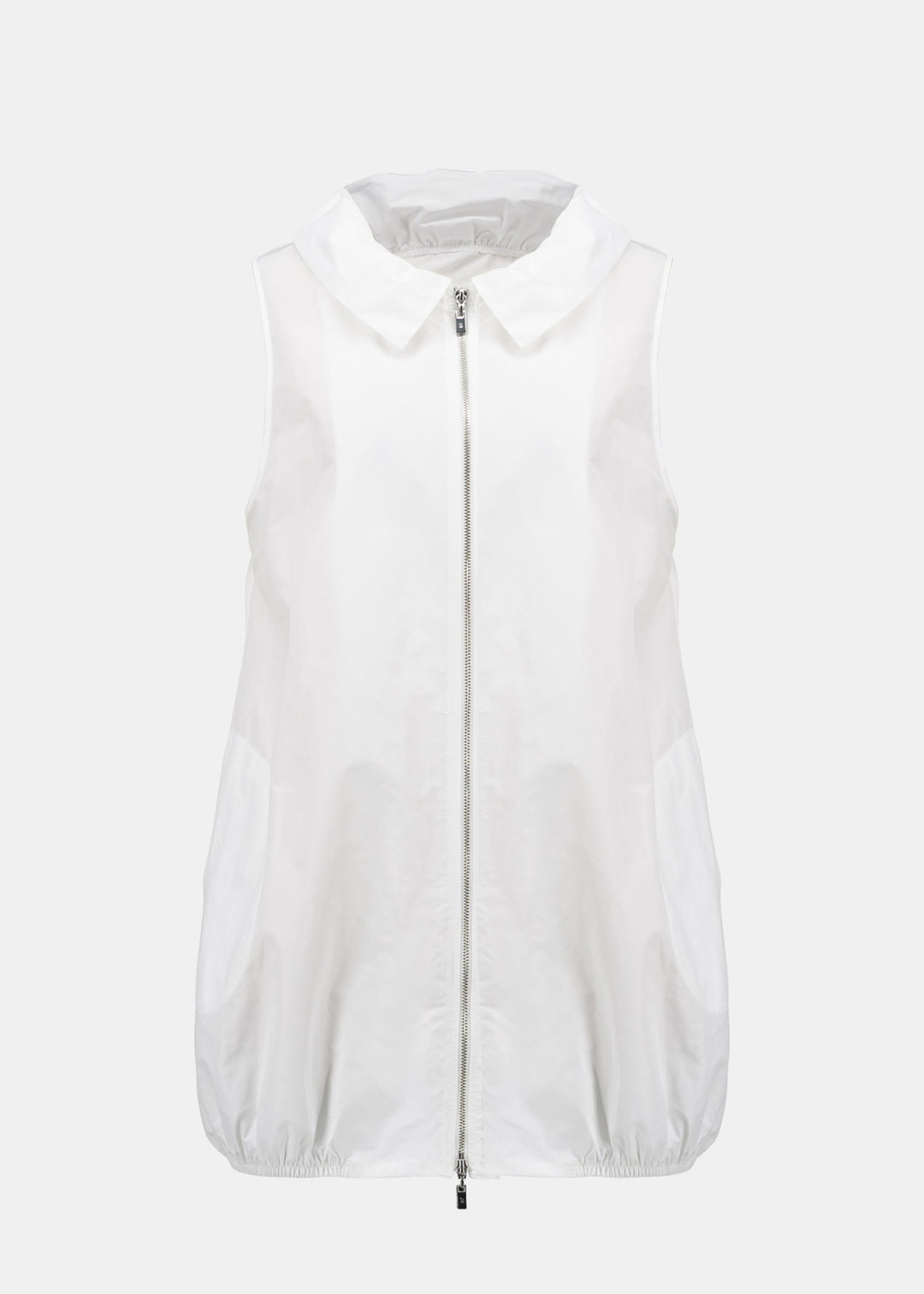 front view of plus size Joseph Ribkoff Zip Front Memory Taffeta Vest with Shirred Collar in White