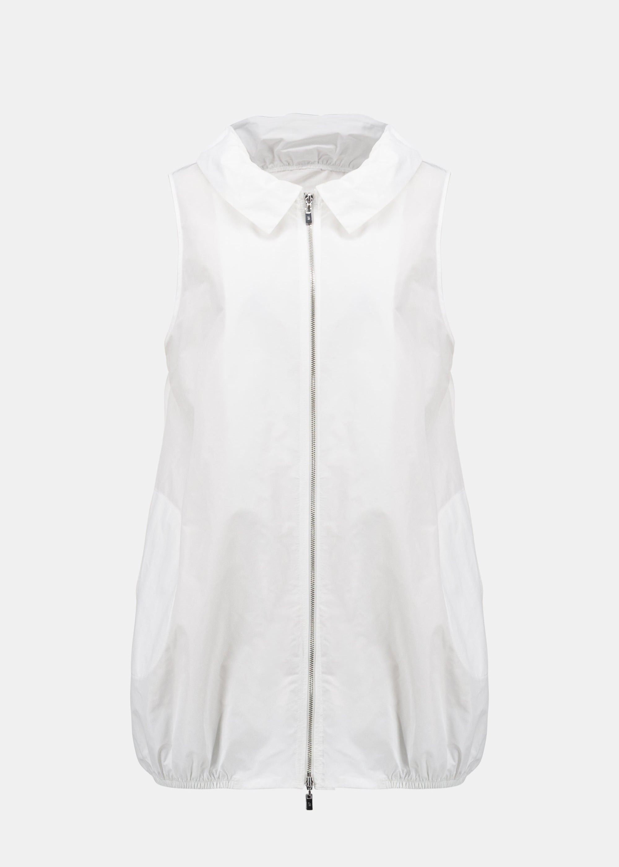 front view of plus size Joseph Ribkoff Zip Front Memory Taffeta Vest with Shirred Collar in White