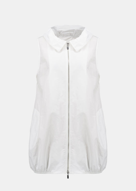 front view of plus size Joseph Ribkoff Zip Front Memory Taffeta Vest with Shirred Collar in White