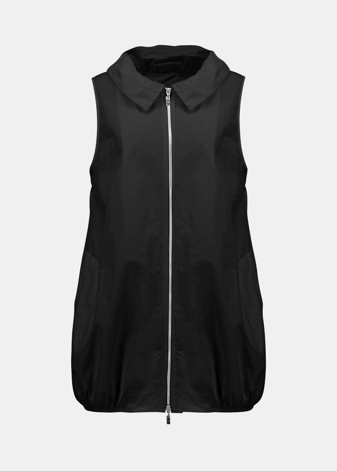 Black sleeveless jacket with a zipper on a light gray background