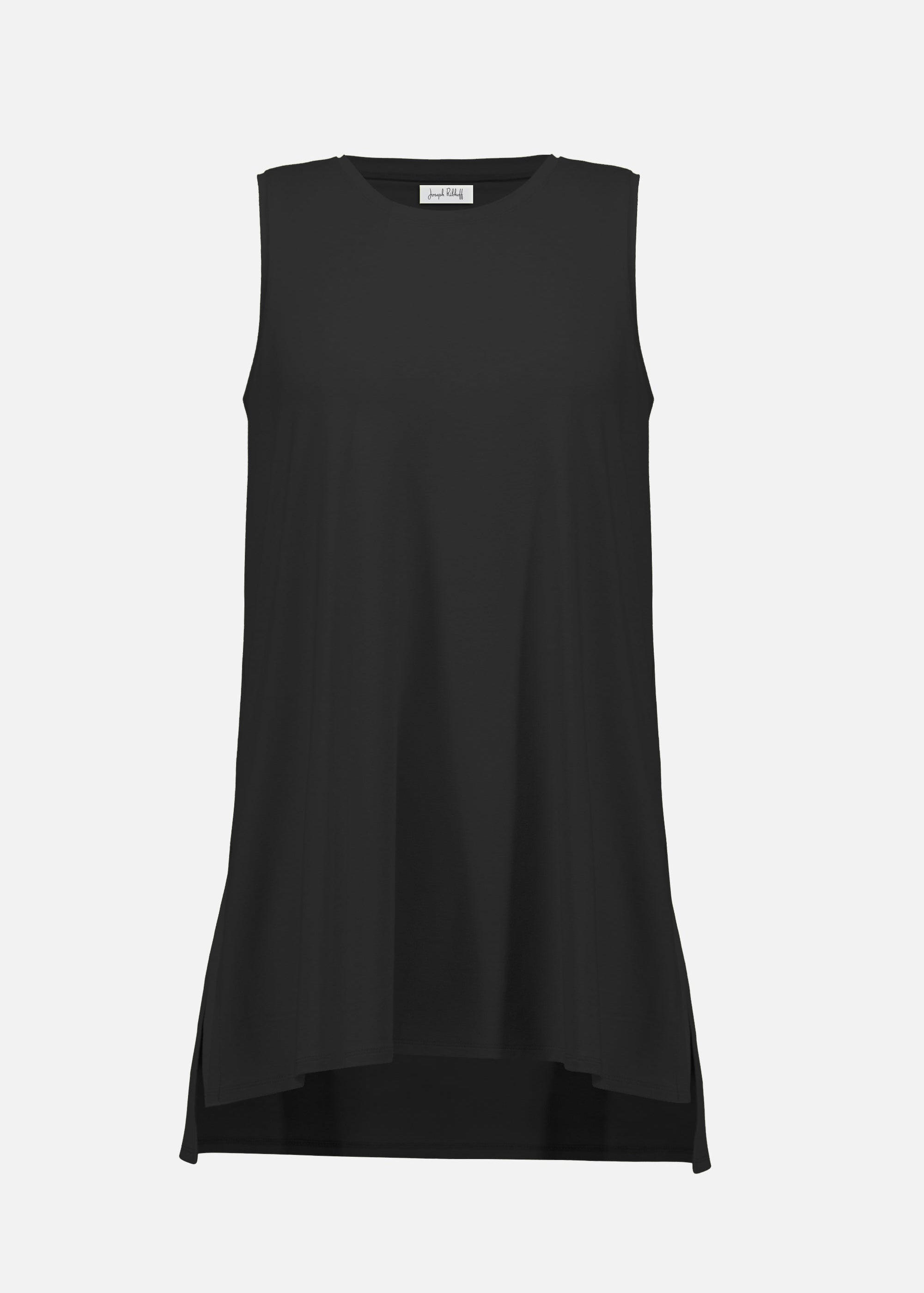 Black sleeveless top on a light gray background