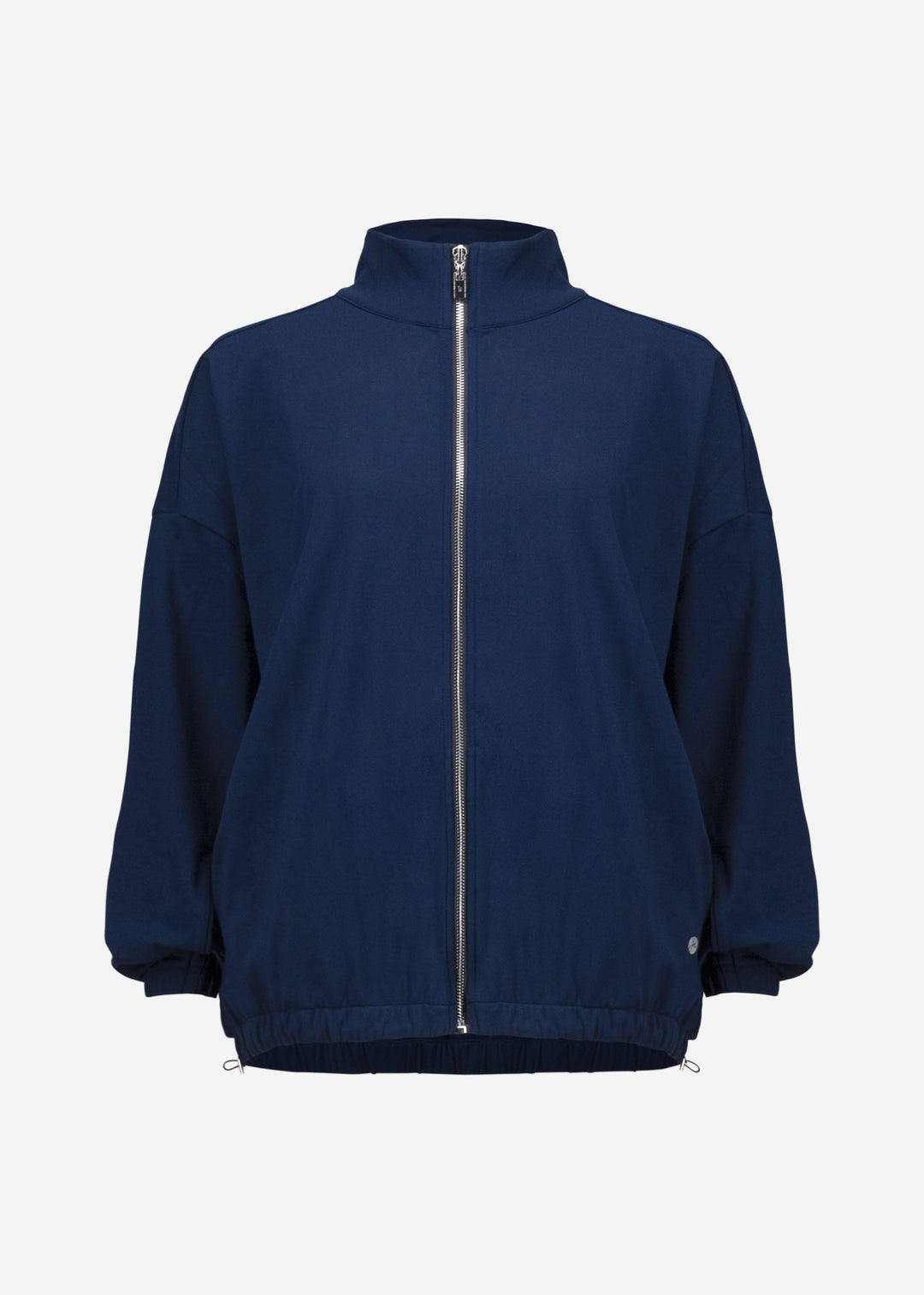 front view of plus size Joseph Ribkoff Stretch Nylon Boxy Mock Neck Jacket in Indigo