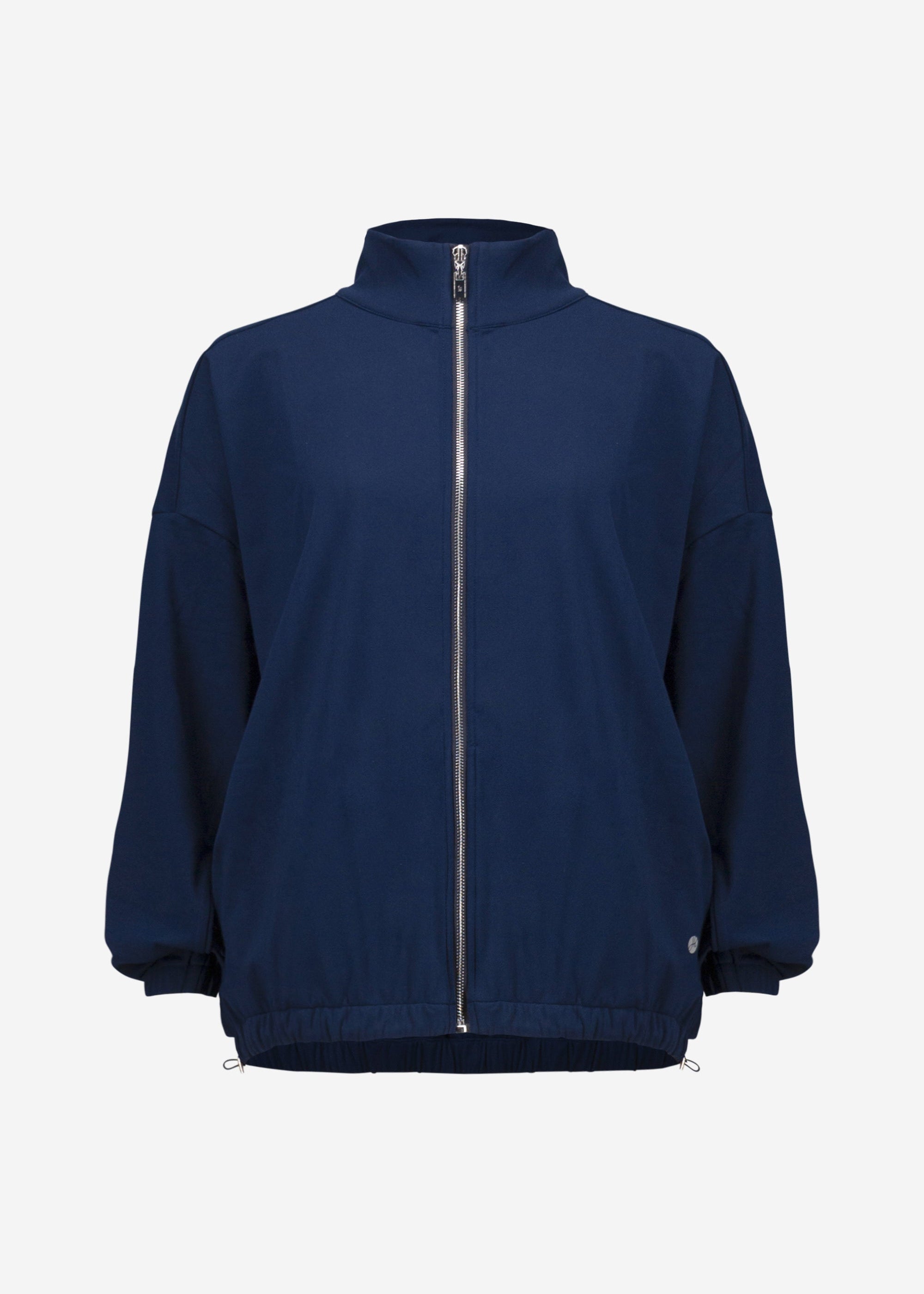 front view of plus size Joseph Ribkoff Stretch Nylon Boxy Mock Neck Jacket in Indigo