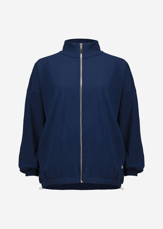 front view of plus size Joseph Ribkoff Stretch Nylon Boxy Mock Neck Jacket in Indigo