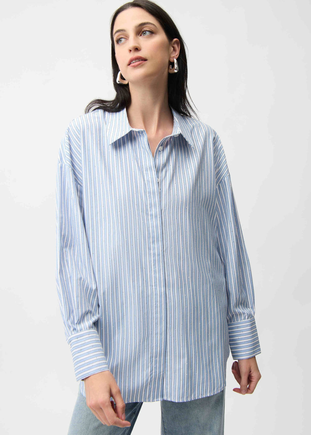 front view of plus size Joseph Ribkoff Tencel Striped Boxy Long Sleeve Shirt in Blue Vanilla