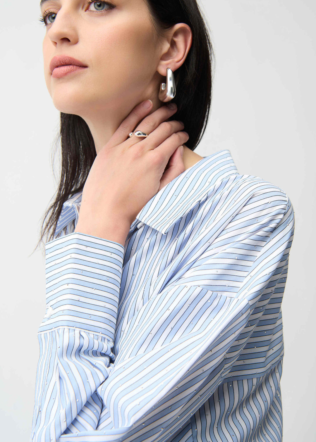 close up front view of plus size Joseph Ribkoff Tencel Striped Boxy Long Sleeve Shirt in Blue Vanilla