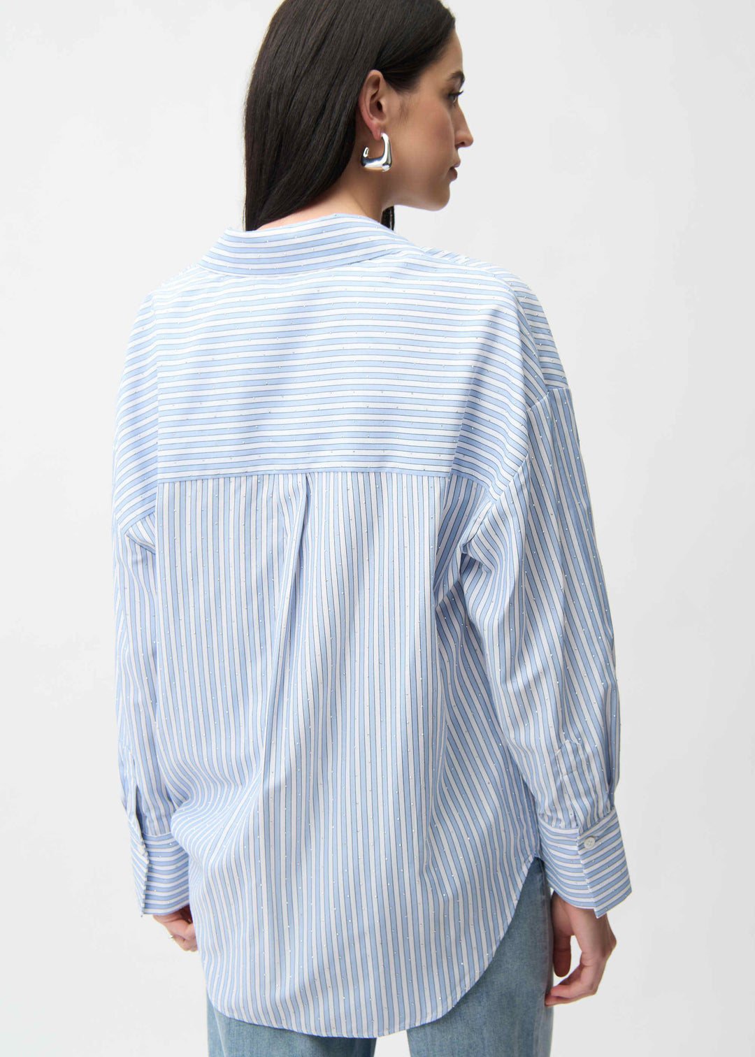 back view of plus size Joseph Ribkoff Tencel Striped Boxy Long Sleeve Shirt in Blue Vanilla