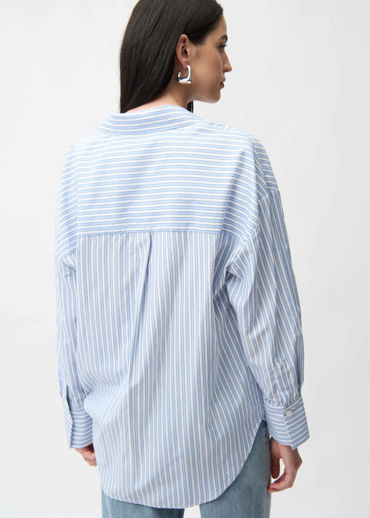 back view of plus size Joseph Ribkoff Tencel Striped Boxy Long Sleeve Shirt in Blue Vanilla
