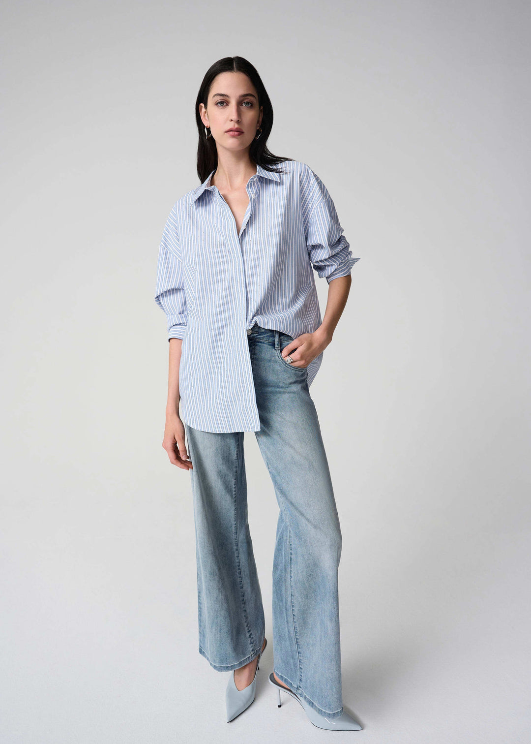 front view of plus size Joseph Ribkoff Tencel Striped Boxy Long Sleeve Shirt in Blue Vanilla