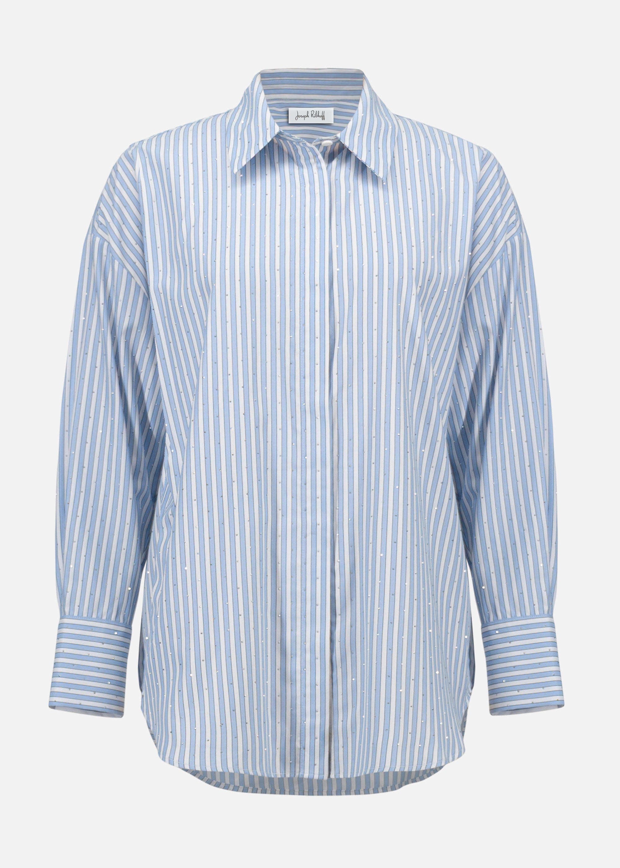 front view of plus size Joseph Ribkoff Tencel Striped Boxy Long Sleeve Shirt in Blue Vanilla