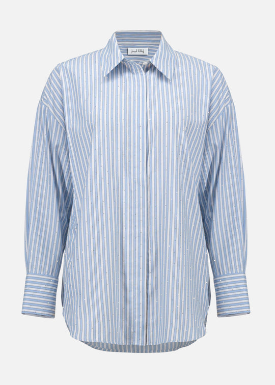 front view of plus size Joseph Ribkoff Tencel Striped Boxy Long Sleeve Shirt in Blue Vanilla