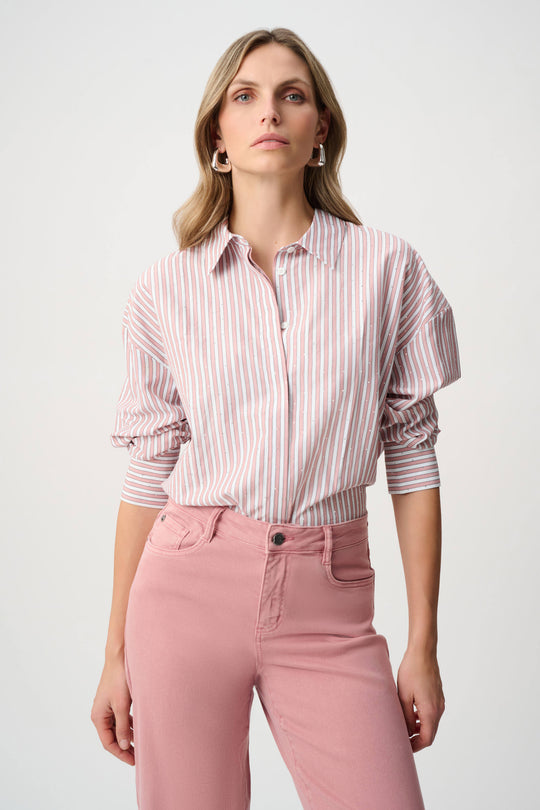 Joseph Ribkoff striped long-sleeve button-up shirt, pink and cream, with pink trousers
