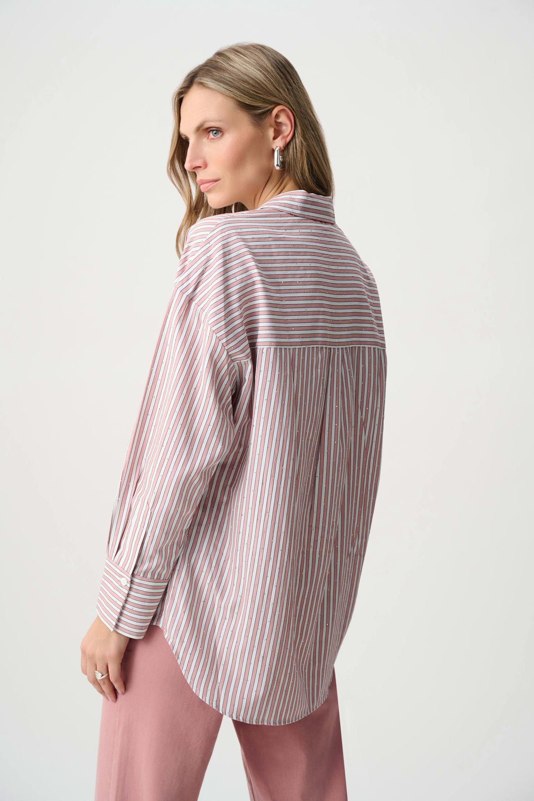 Joseph Ribkoff striped long-sleeve button-up shirt, pink and cream, back view