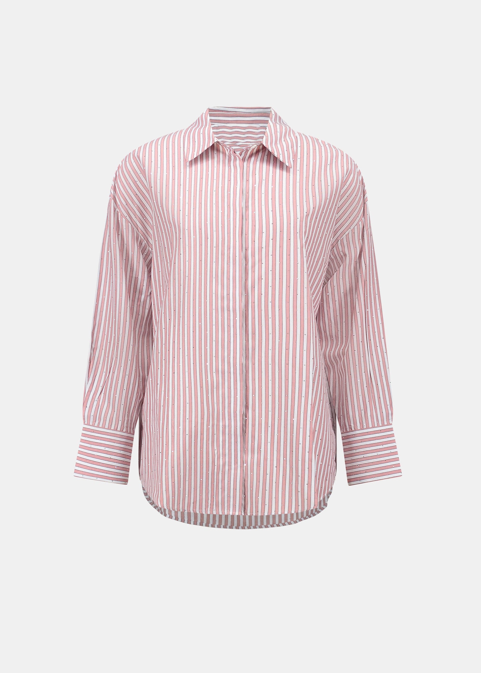 Joseph Ribkoff striped long-sleeve button-up shirt, pink and cream, front view