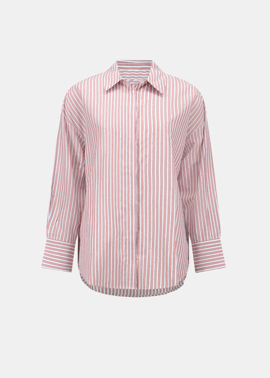 Joseph Ribkoff striped long-sleeve button-up shirt, pink and cream, front view
