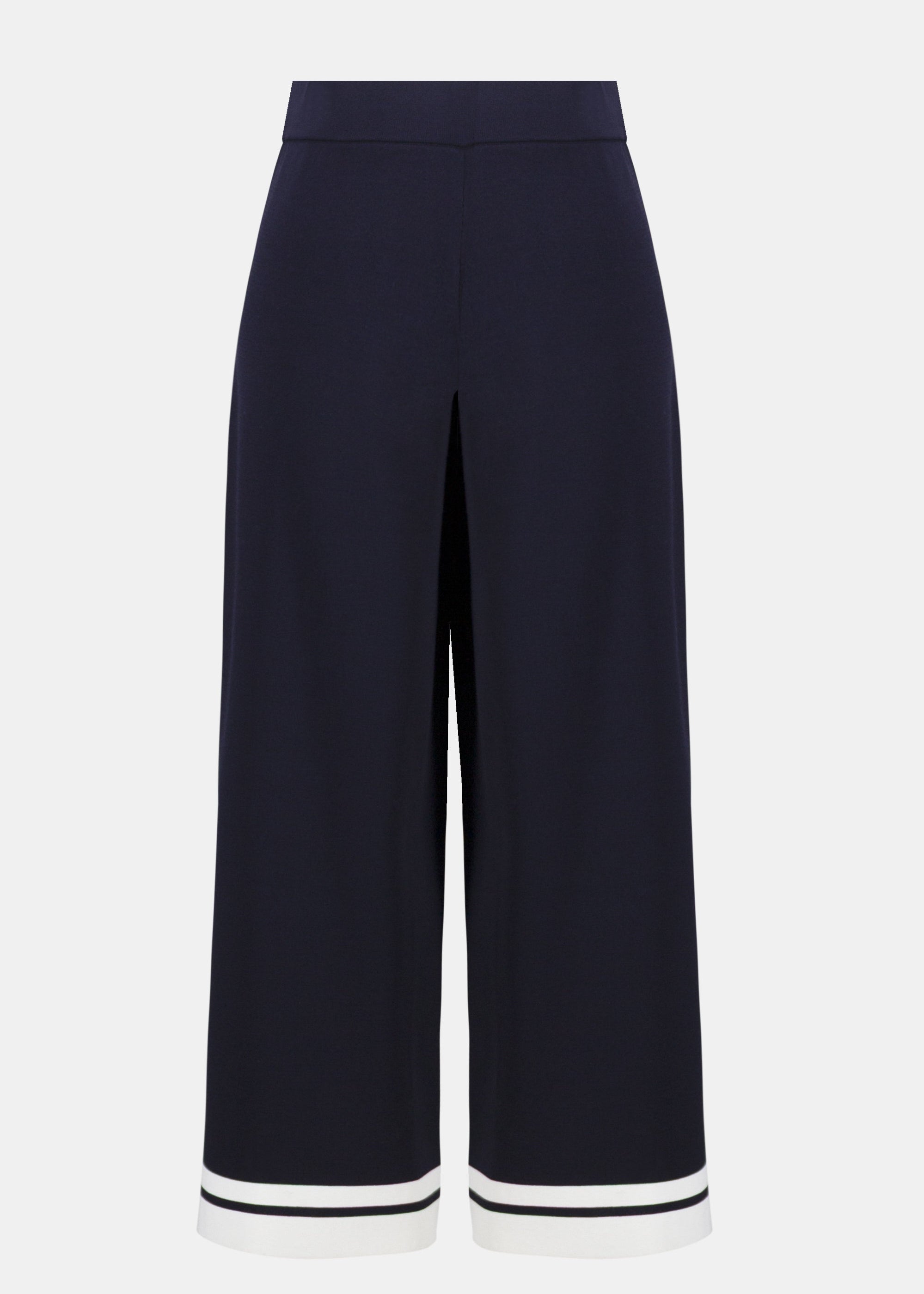 Navy blue wide-leg pants with white trim on a light gray background