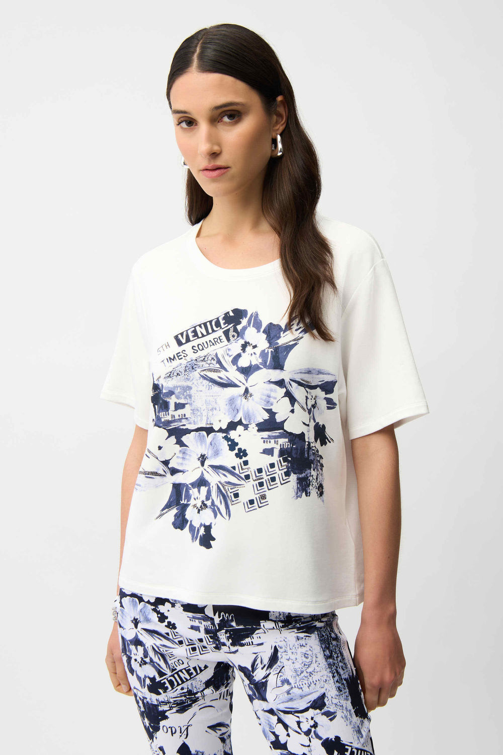 Joseph Ribkoff Short Sleeve Venice Print Straight Tee with Rhinestones in Vanilla Blue
