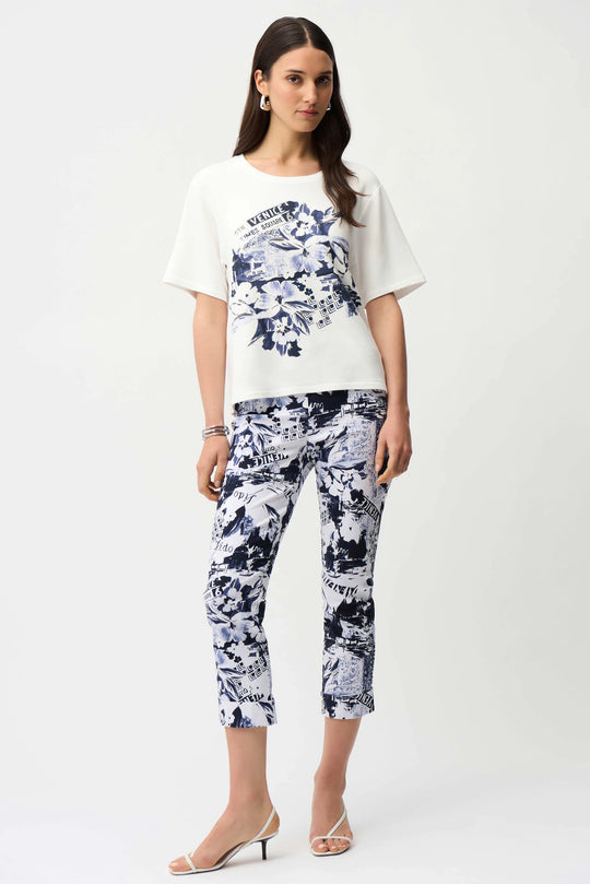 Joseph Ribkoff Short Sleeve Venice Print Straight Tee with Rhinestones in Vanilla Blue