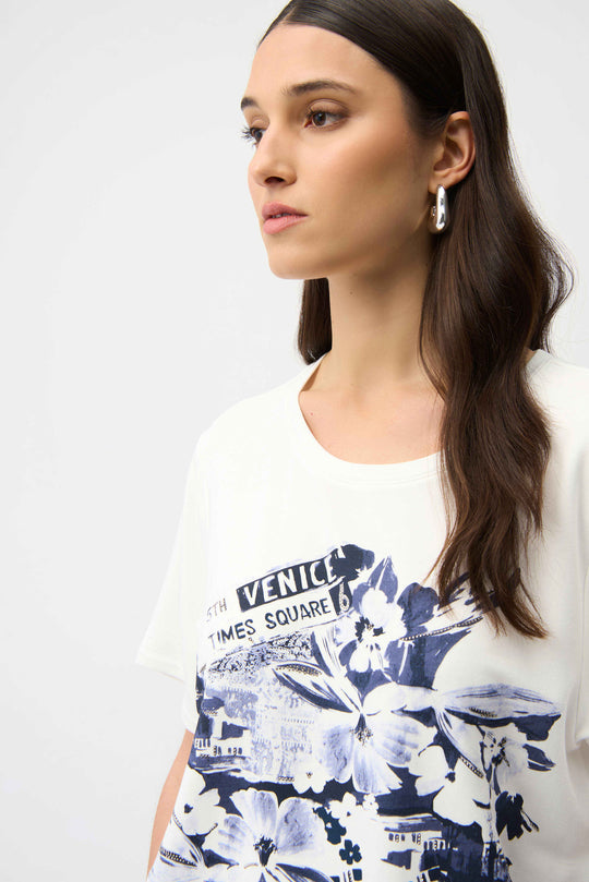 Joseph Ribkoff Short Sleeve Venice Print Straight Tee with Rhinestones in Vanilla Blue