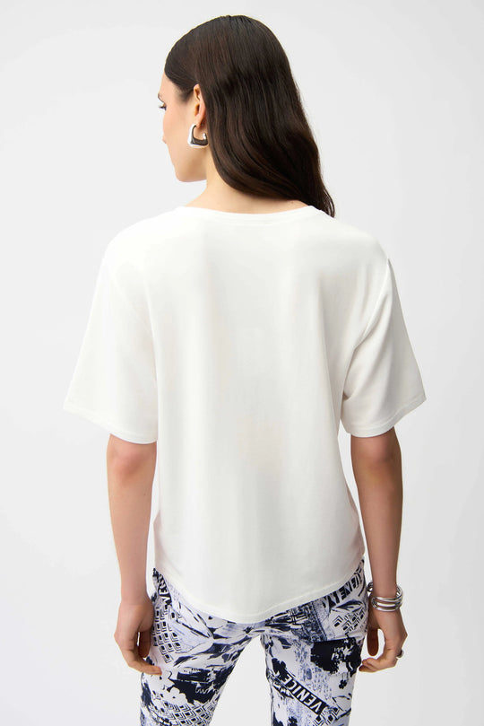 Joseph Ribkoff Short Sleeve Venice Print Straight Tee with Rhinestones in Vanilla Blue
